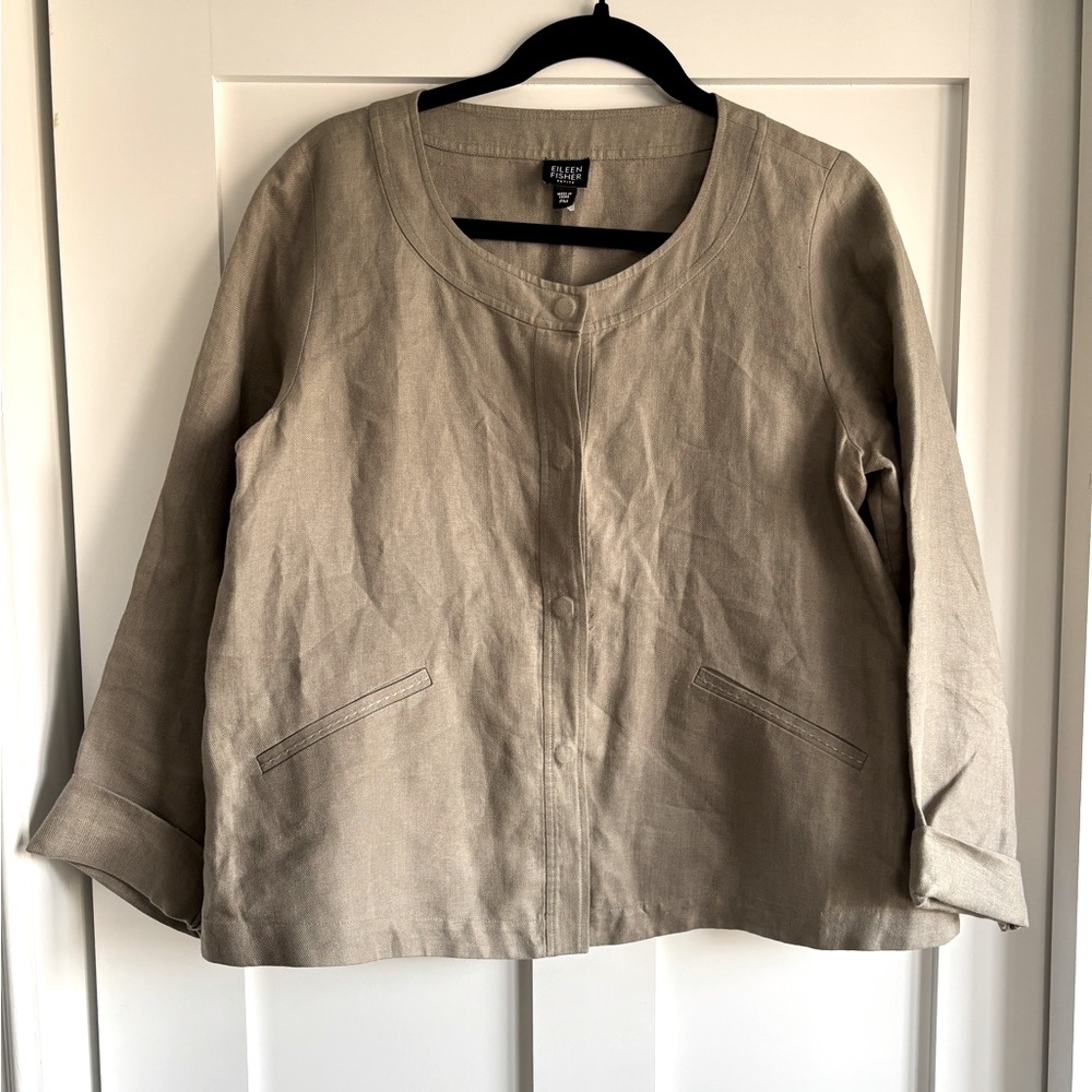 Eileen Fisher 100% Linen Lightweight Jacket in Green/Gray/Tan. Size PM.